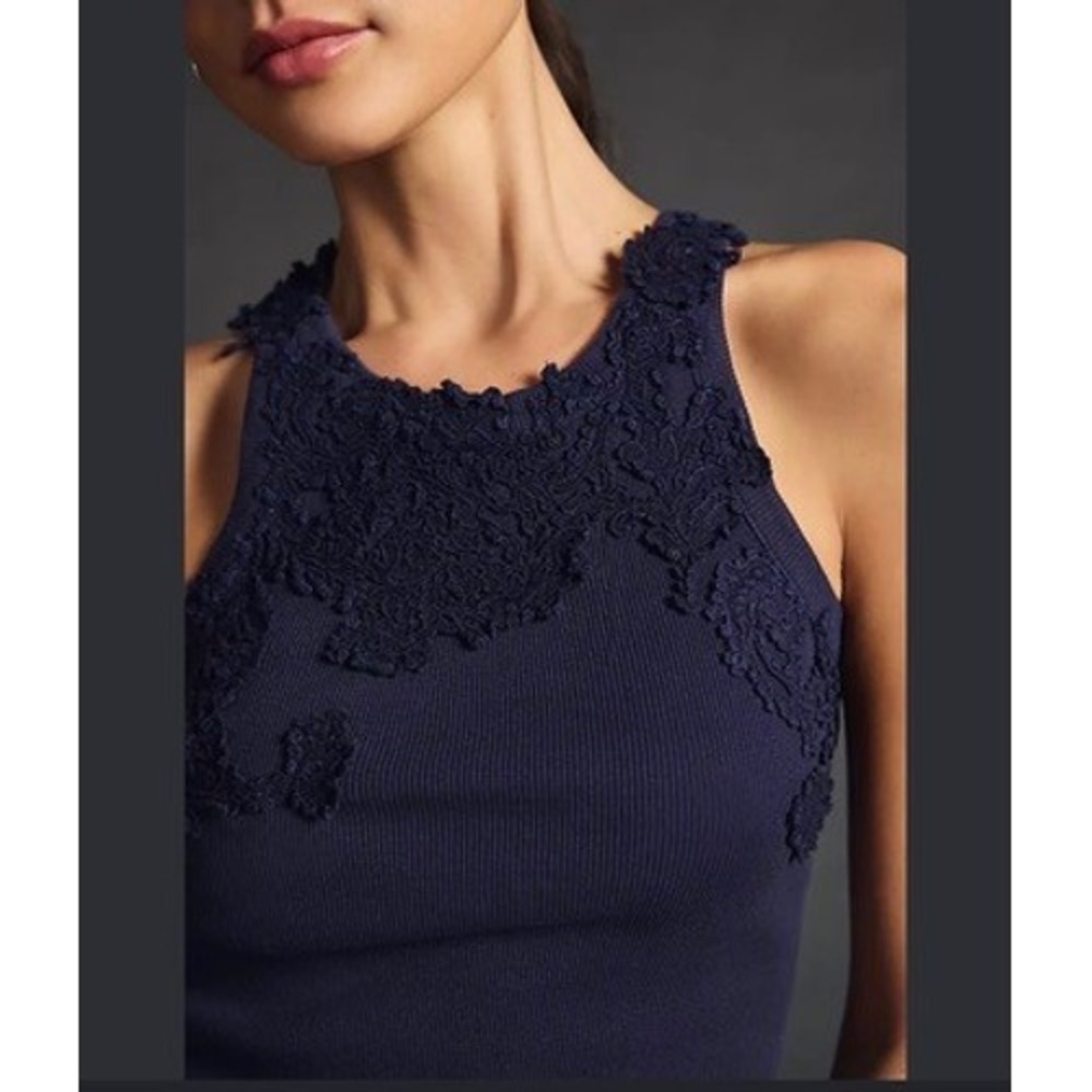 Anthropologie Black Ribbed Lace Applique Tank Top Sleeveless 2X